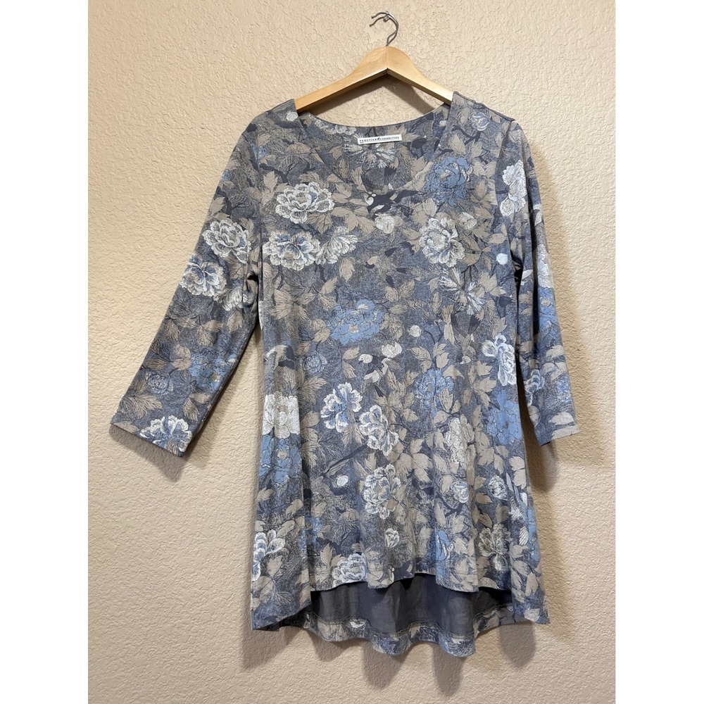 Peruvian Connection L Floral Bird Pima Cotton Tunic Top Blue Grey High Low Hem